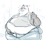  &lt;3 2017 anthro bathroom belly big_belly biped black_nose blush bottomwear clothing giant_panda inside mammal obese overweight pants phone shirt solo sugarcave topwear ursid white_body 
