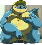  anthro belly blue_body blue_scales blush clothing crocodile crocodilian crocodylid crouching fingering hat headgear headwear hi_res lifewonders makara male nipples overweight pecs reptile scales scalie slit slit_fingering solo tokyo_afterschool_summoners video_games visor_cap yamatoji201 