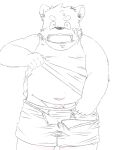  2016 3:4 anthro band-aid bandage belly bottomwear clothing humanoid_hands kemono kureto-sii male mammal navel overweight overweight_male pubes shirt shorts simple_background solo topwear underwear ursid white_background young 