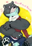  2018 anthro black_body black_fur black_nose blue_body blue_fur blush bottomwear canid canine canis clothing domestic_dog duo embrace eyes_closed fur hand_holding hoodie hug hugging_from_behind humanoid_hands kemono male male/male mammal overweight overweight_male pants shirt topwear totemoii_029 ursid white_body white_fur 