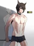  2020 3:4 abs absurd_res animal_humanoid arknights black_hair choker clothing felid felid_humanoid hair hi_res holding_object holding_weapon humanoid hypergryph jewelry l.v.c. male mammal mammal_humanoid navel necklace phantom_(arknights) short_hair simple_background solo studio_montagne underwear video_games weapon 