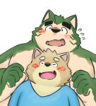  2021 anthro black_nose blush canid canine canis clothing cute_fangs domestic_dog duo eyes_closed fur green_body green_fur hi_res humanoid_hands kemono lifewonders live-a-hero male mammal mokdai overweight overweight_male shirt simple_background topwear video_games white_background yuuh1212 