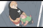  2017 anthro blush bottomwear brown_body butt canid canine canis clothing cute_fangs domestic_dog duo genitals hoodie kemono male male/male mammal oral outside overweight overweight_male pants penis shirt shorts tongue tongue_out topwear uokkom young 
