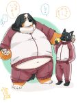  2018 anthro belly bernese_mountain_dog black_body black_fur black_nose book bottomwear brown_body brown_fur canid canine canis clothing domestic_dog duo fur japanese_text kemono male mammal molosser mountain_dog navel overweight overweight_male pants paws reading shorts simple_background swiss_mountain_dog text totemoii_029 white_body white_fur 