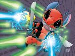  2021 4:3 4_arms 4_fingers alien antennae_(anatomy) belt clothed clothing crossover deadpool dipstick_antennae disney experiment_(lilo_and_stitch) fingers fully_clothed hi_res holding_object holding_weapon justin_joines lilo_and_stitch marvel melee_weapon multi_arm multi_limb multi_wielding multicolored_antennae notched_ear open_mouth open_smile plasma_blaster plasma_gun ranged_weapon smile solo stitch_(lilo_and_stitch) sword weapon 