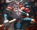  abs anthro canid canine canis clothing facial_hair fur grey_body grey_fur hi_res law_(sdorica_sunset) male mammal multicolored_body muscular muscular_anthro muscular_male nipples pecs sdorica sdorica_sunset solo uiokv wolf 