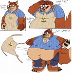  2017 anthro apron belly big_belly black_nose bottomwear burropaleta canid canine clothing comic disney english_text fox gideon_grey hi_res male mammal navel obese obese_male overweight overweight_male pants shirt solo text topwear weight_gain zootopia 