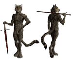  0laffson 2021 anthro balls butt feet felid feline fingers fur genitals hi_res holding_object holding_sword holding_weapon jaguar male mammal melee_weapon pantherine smile solo spots spotted_body spotted_fur sword toes topaz_(xanderh) traditional_media_(artwork) weapon 