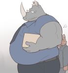  2017 animated anthro belly bottomwear brown_body canid canine canis clothing domestic_dog duo grey_body humanoid_hands kemono kuki1210 male male/male mammal necktie overweight overweight_male pants rhinocerotoid shirt short_playtime topwear 