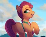  2021 absurd_res cloud earth_pony equid equine female hasbro hi_res hill hooves horse looking_back mammal marenlicious mlp_g5 my_little_pony open_mouth pony raised_hoof sky solo sunny_starscout_(mlp) watermark 