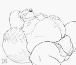  2018 anthro asian_clothing balls belly bulge canid canine clothing east_asian_clothing eyes_closed fundoshi genitals humanoid_hands japanese_clothing kemono lying male mammal monochrome moobs navel nipples overweight overweight_male pochizizi raccoon_dog sengoku_puzzle simple_background solo tanuki tokugawa_ieyasu underwear video_games 