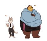  2018 anthro biped black_nose bottomwear brown_body brown_fur clothing cute_fangs domestic_cat duo felid feline felis fur hoodie humanoid_hands mammal necktie obese overweight pants shirt shorts simple_background sugarcave topwear ursid white_background 