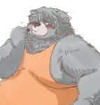  2019 anthro belly black_body black_fur black_nose blush clothing food fur kemono male mammal moobs nipples overweight overweight_male shirt simple_background solo topwear totemoii_029 ursid white_background 