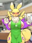 2021 3:4 anthro apron apron_only areola bandai_namco big_breasts black_nose blurred_background blush breasts chest_tuft cleavage clothed clothing container cup digimon digimon_(species) exposed_breasts fangs female fur green_apron hi_res holding_cup holding_object holding_pen i_mean_breast_milk ice_cube inside legs_together looking_at_viewer meme mostly_nude multicolored_body multicolored_fur nipples open_mouth pen rapel renamon shocked sleeves solo standing tuft two_tone_body two_tone_fur white_body white_fur yellow_body yellow_fur 