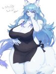  3:4 anthro apron apron_only baburusushi belly big_breasts blue_eyes blue_hair blush breasts canid canine clothing ear_tuft female fluffy fox fur hair hand_on_cheek hand_on_stomach hi_res huge_breasts kemono lily_mari long_hair mammal mature_female mostly_nude multicolored_ears multicolored_hair multicolored_tail slightly_chubby smile solo thick_thighs tuft white_body white_fur 