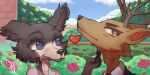  &lt;3 2021 2:1 anthro antlers beastars blue_eyes brown_body brown_eyes brown_fur canid canine canis cervid clothed clothing cloud detailed_background dukkoart duo female fur hi_res horn juno_(beastars) male mammal outside signature wolf 