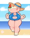  absurd_res animal_crossing anthro beach big_breasts blush blush_stickers breasts cleavage_cutout clothing female food fruit hi_res hooves mammal mehdrawings merengue_(animal_crossing) nintendo plant popsicle rhinocerotoid seaside solo strawberry sun_hat swimwear thick_thighs video_games 