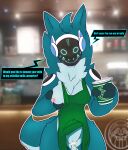  absurd_res anthro apron apron_only bodily_fluids breast_squish breasts clothing cum cum_in_pussy cum_inside female genital_fluids green_apron hi_res i_mean_breast_milk machine meme mostly_nude nikowari_(artist) one_breast_out protogen solo squish 