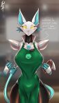  2021 absurd_res android anthro apron apron_only blue_hair blush breasts clothed clothing deltarune digital_drawing_(artwork) digital_media_(artwork) domestic_cat felid feline felis female green_apron hair hi_res i_mean_breast_milk machine mammal meme mostly_nude robot simple_background solo tagme tasque_manager text undertale_(series) video_games zenfry 