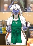  2021 absol absurd_res anthro anthrofied apron apron_only areola barely_visible_genitalia barely_visible_penis blue_body blue_fur blush breasts bulge clothing container cup digital_media_(artwork) english_text fur genitals green_apron gynomorph hair hi_res i_mean_breast_milk intersex long_hair meme mostly_nude nintendo nipple_slip nipples nyufluff penis pink_eyes pok&eacute;mon pok&eacute;mon_(species) pok&eacute;morph solo starbucks text video_games white_body white_fur white_hair 