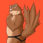  1:1 anthro brown_body brown_fur canid canine clothing cute_fangs fur incubus! ink_incuberia jockstrap kemono male mammal one_eye_closed red_background simple_background slightly_chubby solo underwear unknown_artist wink 