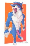  absurd_res animal_genitalia animal_penis anthro anthrofied aroused bandai_namco bandanna blue_body blush body_hair canid canine canine_penis digimon digimon_(species) erection fluffy fur gaomon genitals glans hi_res kerchief knot labrastroodle male mammal markings muscular muscular_anthro muscular_male open_mouth penis pink_penis simple_background solo teeth teeth_bared tongue video_games white_body white_fur 