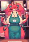  2021 5_fingers ahoge anthro apron apron_only areola big_breasts blurred_background blush bodily_fluids breasts cafe canid canine canis claws clothing coffee_cup container cup curvy_figure cute_fangs digital_media_(artwork) domestic_dog ear_piercing female finger_claws fingers fur genital_fluids green_apron hair hair_over_eyes hi_res holding_object huge_breasts i_mean_breast_milk kemono lactating lactating_through_clothing mammal meme milk mostly_nude multicolored_body multicolored_fur nipple_slip nipples pen piercing portrait pussy_juice pussy_juice_through_clothing red_body red_fur red_hair shaded signature solo sususuigi sweat sweatdrop tan_body tan_fur thick_thighs three-quarter_portrait twintails_(hairstyle) two_tone_body two_tone_fur voluptuous wet wet_clothing 
