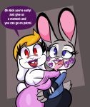  after_kiss anthro bodily_fluids breasts broodal buckteeth clothed clothing dialogue disney duo english_text female female/female hariet_(mario) hi_res judy_hopps kiss_mark lagomorph leporid looking_at_viewer mammal mario_bros nintendo off_shoulder rabbit saliva saliva_string short_stack someth1ngoranother super_mario_odyssey teeth text thick_thighs video_games zootopia 