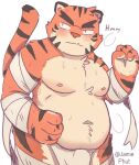  2021 anthro bandage belly blush bulge felid fur hi_res humanoid_hands jamiephut kemono male mammal moobs nipples orange_body orange_fur overweight overweight_male pantherine simple_background solo tiger white_background 