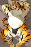  2018 anthro asian_clothing bed belly black_clothing black_fundoshi black_underwear blush bulge clothing east_asian_clothing felid fundoshi fur furniture genital_outline hi_res higemorigen japanese_clothing kemono lying male mammal moobs nipples overweight overweight_male pantherine penis_outline pillow solo tiger underwear white_body white_fur yellow_body yellow_fur 