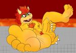  5_toes anthro balls barefoot bodily_fluids body_hair bowser chest_hair claws erection feet foot_fetish foot_focus foreskin genital_fluids genitals hi_res humanoid_feet koopa lying male mario_bros muscular muscular_male nintendo nipple_piercing nipples penis piercing precum presenting pubes scalie solo spread_legs spreading thiccturtles toes video_games 