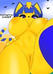  absurd_res animal_crossing ankha_(animal_crossing) anthro big_breasts breasts domestic_cat english_text felid feline felis female frown genitals hi_res huge_breasts looking_at_viewer looking_down low-angle_view mammal nintendo nude pussy raised_leg sky solo text video_games wallyroo 