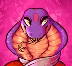  2020 anthro clothed clothing cobra female forked_tongue hi_res keeshee purple_body reptile scalie sexydotjpg snake snake_hood solo tongue tongue_out yellow_eyes 