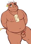  2016 anthro balls belly blush bovid bovine cattle erection facial_piercing genitals humanoid_genitalia humanoid_penis japanese_text kemono kick_(artist) male mammal moobs navel nipples nose_piercing nose_ring overweight overweight_male penis piercing simple_background solo text white_background 