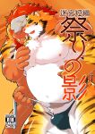  2019 anthro belly blush bulge duo felid fur hi_res higemorigen humanoid_hands japanese_text kemono male male/male mammal moobs multi_arm multi_limb nipples overweight overweight_male pantherine text tiger white_body white_fur yellow_body yellow_fur 