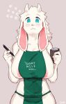  anthro apron apron_only areola big_breasts blue_eyes blush bovid breasts buta99 caprine clothing curvy_figure digital_media_(artwork) english_text female floppy_ears fur goat green_apron grey_background hair hi_res holding_object holding_pen horn i_mean_breast_milk ineffective_clothing looking_at_viewer mammal meme mostly_nude nipple_slip notebook pen pink_areola shaded simple_background smile solo text text_on_apron text_on_clothing vanilla_(buta99) white_body white_fur white_hair 