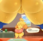  absurd_res animal_crossing ankha_(animal_crossing) anthro anus barely_visible_anus big_breasts big_butt breasts butt canid canine canis dialogue domestic_cat domestic_dog duo english_text felid feline felis female genitals header header_box hi_res huge_breasts isabelle_(animal_crossing) mammal milkdeliveryguy nintendo nipple_outline presenting pussy shih_tzu short_stack speech_bubble text text_header thick_thighs toy_dog video_games wide_hips wide_stance 