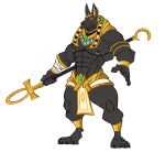  abs absurd_res anthro anubian_jackal anubis black_body bottomwear bracelet canid canine canis clothed clothing darknaigart deity ear_piercing egyptian_mythology gem gold_(metal) gold_bracelet gold_jewelry green_eyes headgear headwear hi_res jackal jewelry legband loincloth male mammal middle_eastern_mythology muscular muscular_anthro muscular_male mythology nipple_piercing nipples partially_clothed piercing simple_background solo staff standing white_background 