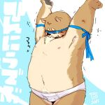  1:1 2015 anthro bodily_fluids brown_body brown_fur bulge canid canine canis clothing domestic_dog fur humanoid_hands japanese_text kemono male mammal nipples overweight overweight_male solo tears text totemoii_029 underwear 