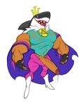  abs analon_(artist) anthro biceps bodily_fluids bottomwear cape clothed clothing emperor_awesome fish genital_fluids gloves handwear hi_res looking_at_viewer looking_down male marine muscular muscular_anthro muscular_male pants pants_down partially_clothed pecs precum shark solo teeth wander_over_yonder wet wet_clothing 