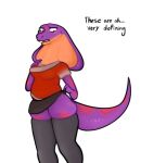  2020 absolute_territory anthro bottomwear clothed clothing cobra dialogue english_text female hi_res keeshee long_neck ncs purple_body raised_tail reptile scalie simple_background skirt slightly_chubby snake snake_hood solo spots squish standing text thigh_squish white_background 