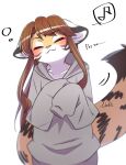  2021 absurd_res anthro baggy_clothing black_body black_fur blush brown_hair clothing english_text eyes_closed facial_markings felid female fur grey_clothing grey_hoodie grey_topwear hair head_markings hi_res hoodie kemono konatsu-chan long_hair mammal markings multicolored_ears multicolored_tail musical_note nachiwanko neck_tuft pantherine pink_nose signature simple_background smile solo tan_body tan_fur text tiger topwear tuft white_background white_body white_fur 