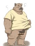  2016 3:4 anthro balls brown_body censored clothing facial_hair flaccid genitals humanoid_genitalia humanoid_hands humanoid_penis inunoshippo kemono male mammal mature_male morbidly_obese mustache obese obese_male overweight overweight_male penis pubes shirt simple_background solo topwear ursid white_background 