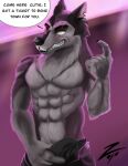  abs absurd_res anthro arm_tattoo biceps black_nose blind_eye bulge canid canid_demon canine canis claws clothed clothing demon detailed_background dialogue dialogue_box digital_media_(artwork) english_text erection eye_scar facial_scar fangs fur grey_body grey_fur hair hand_holding hellhound helluva_boss hi_res looking_at_viewer male mammal multicolored_body multicolored_fur muscular muscular_anthro muscular_male neck_tuft pants_down partially_clothed pawpads pecs red_eyes scar smile solo tattoo teeth text tuft two_tone_body two_tone_fur underwear vortex_(helluva_boss) wolf zeym 
