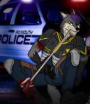  anthro blood bodily_fluids canid canine canis clothing fur grey_body grey_fur gun hair male mammal nicolasthewolf police police_uniform purple_hair ranged_weapon smoke solo uniform weapon wolf wounded 