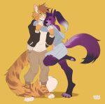  2019 5_fingers anthro breasts canid canine charmrage clothed clothing digital_media_(artwork) duo felid feline female fingers fox fur green_eyes hi_res male mammal purple_body purple_fur smile 