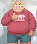  2017 anthro blush bottomwear brown_body clothing eyes_closed hi_res hoodie humanoid_hands kemono kick_(artist) male mammal morbidly_obese obese obese_male overweight overweight_male shorts solo suid suina sus_(pig) text text_on_clothing text_on_hoodie text_on_topwear topwear wild_boar 