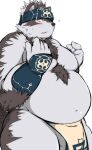  2017 anthro balls belly black_nose blush bottomwear bulge canid canine canis clothing eehige fur genitals grey_body grey_fur hi_res horkeukamui kemono lifewonders loincloth male mammal moobs nipples overweight overweight_male simple_background solo tokyo_afterschool_summoners video_games white_background wolf 