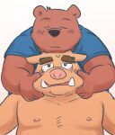  2016 anthro belly black_nose brown_body clothing duo eyes_closed humanoid_hands kemono kick_(artist) male male/male mammal nipples overweight overweight_male shirt simple_background suid suina sus_(pig) topwear ursid white_background wild_boar 