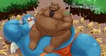  2021 anthro banana belly black_nose blue_body blue_fur bottomwear brown_body brown_fur bulge clothing detailed_background duo eyes_closed food fruit fur humanoid_hands iwano kemono lying male mammal moobs moosh nintendo obese obese_male oracle_of_ages oracle_of_seasons overweight overweight_male plant shorts sitting the_legend_of_zelda ursid video_games wings 